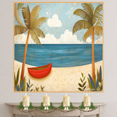 Tropical Beach Escape – Colorful Folk Art Style Wall Print with Palm Trees on Ready to Hang 1.5" Thick Canvas Wrap, Floating Framed Canvas, Flat Rolled Canvas